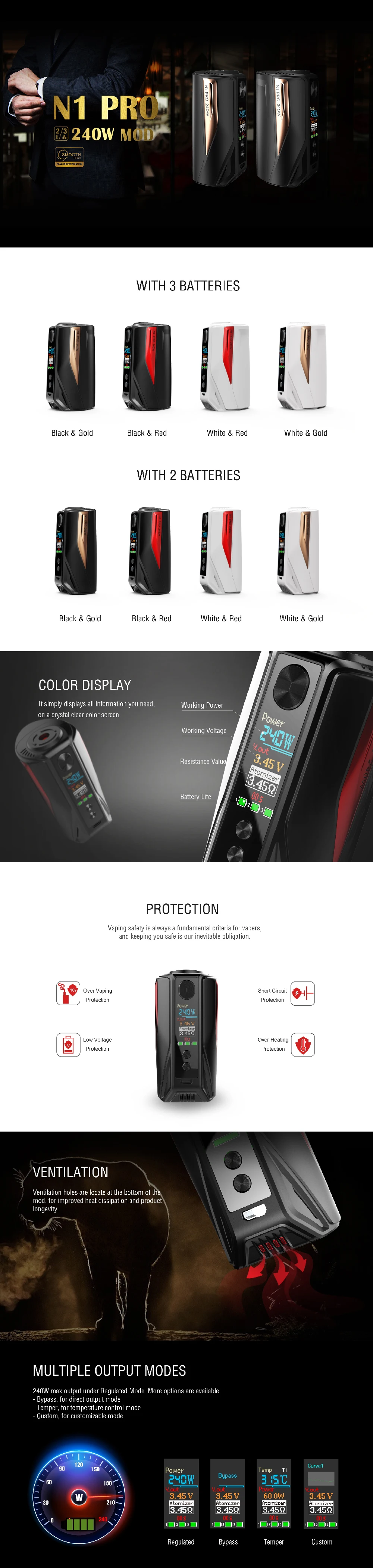 【Clearance】подарки Vape мод Vaptio N1 Pro2400W бокс мод для электронных сигарет Поддержка 2X18650 батареи без батареи