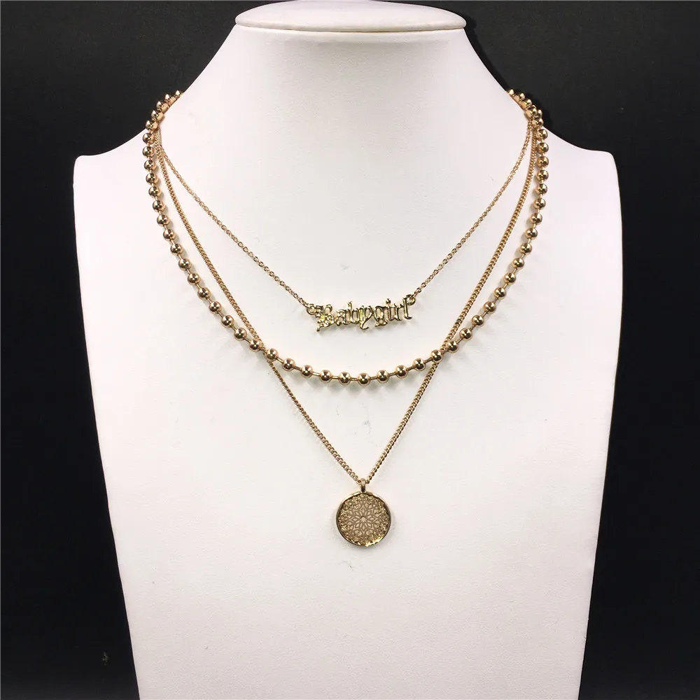 

New Fashion Girl Jewelry Gold Color Old English Babygirl Letter Round Filigree Ball Chain Three Layer Layat Necklace For Women