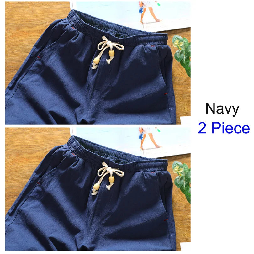 Navy 2 Piece Брендовые мужские шорты высокого качества из льна и хлопка, удобные повседневные спортивные шорты, мужские уличные однотонные модные шорты, мужские FK66-1 - Цвет: Navy 2 Piece