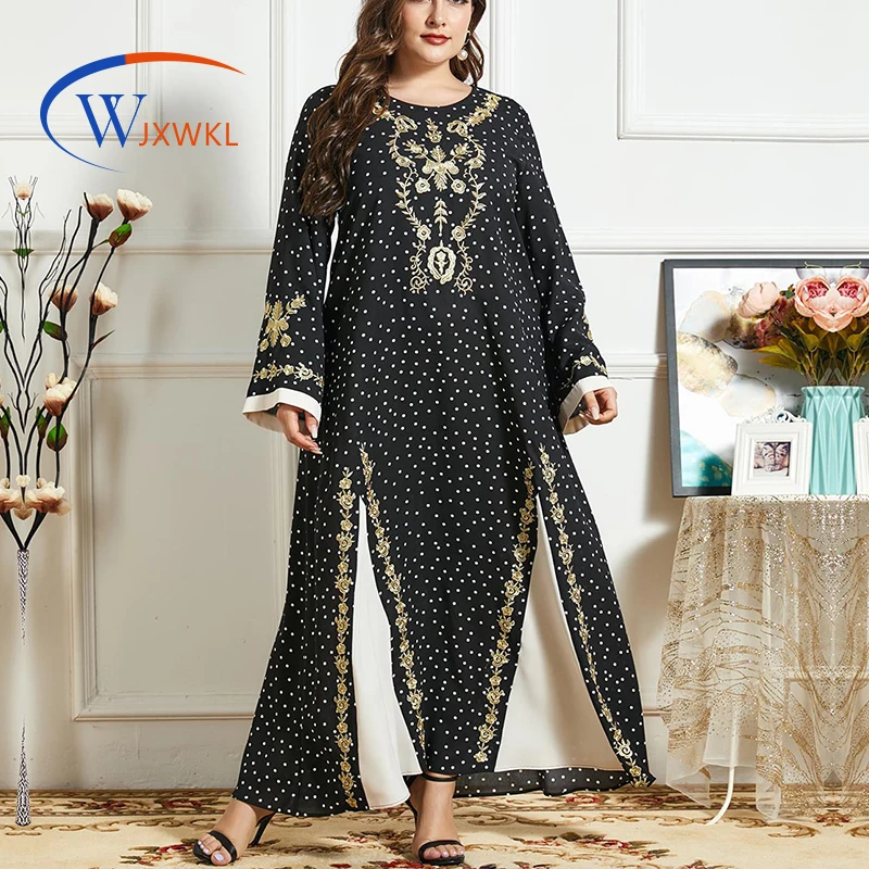 

WJXWKL 2021 Fashion Spring Autumn Round Neck Embroidered Printed Color Contrast Patchwork Long Sleeve Arabic Robe Maxi Dress