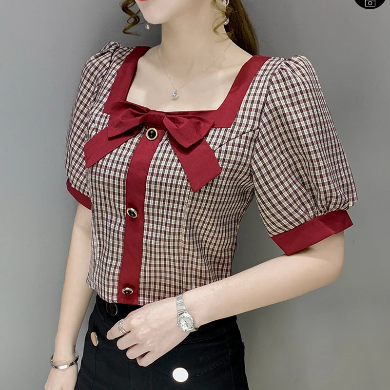 

Womens Blouses Summer Chiffon Shirt French Square Collar Bowknot Plaid Top Kawaii Shirt Blusas Mujer De Moda 2021 Verano