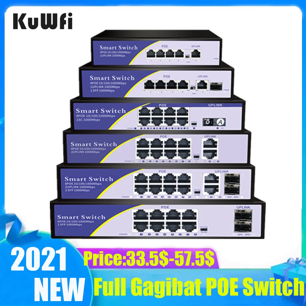 

KuWFi 4/8 Ports POE Switch Full Gigabit Ethernet 1000Mbps IEEE 802.3 af/at for IP Camera/CCTV Security Camera System Wireless AP