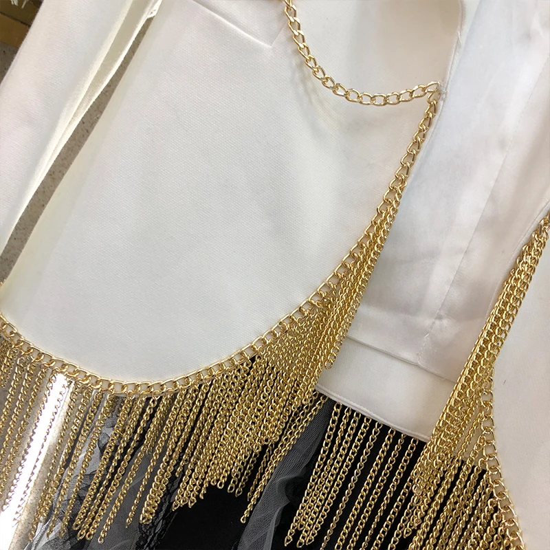 

2020 Spring New Metal Chain Tassel Blazer Women Fashion Ol Small Suit Jackets Female Party White Jacket Office Lady Blazers Coat