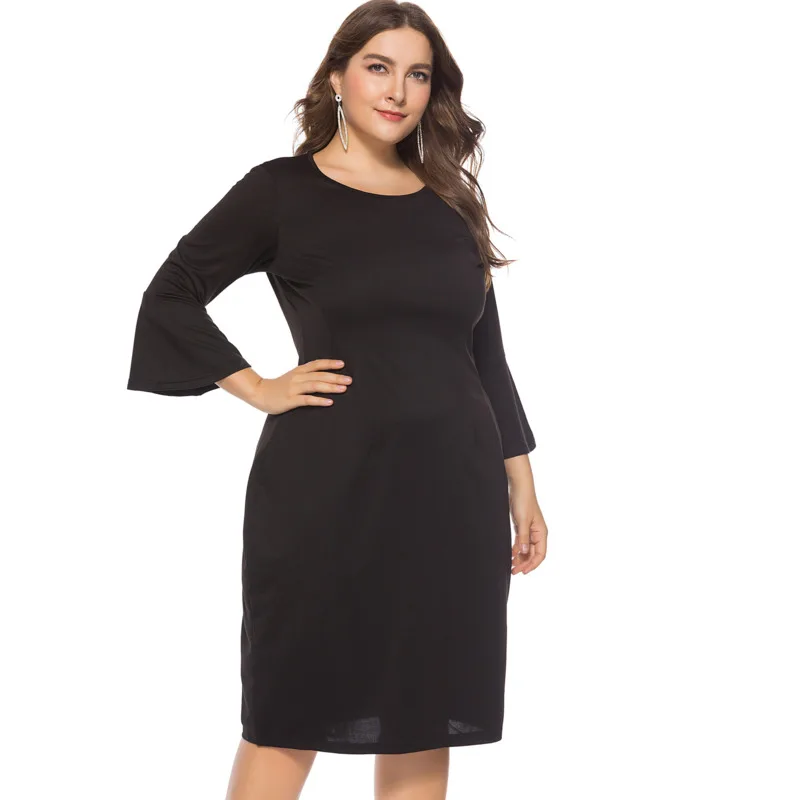 

Plus Size Women's Dress Summer Autumn Round Neck Slim Flared Sleeve Elegant Office Ladies Vintage Oversize Basic Woman Clothing