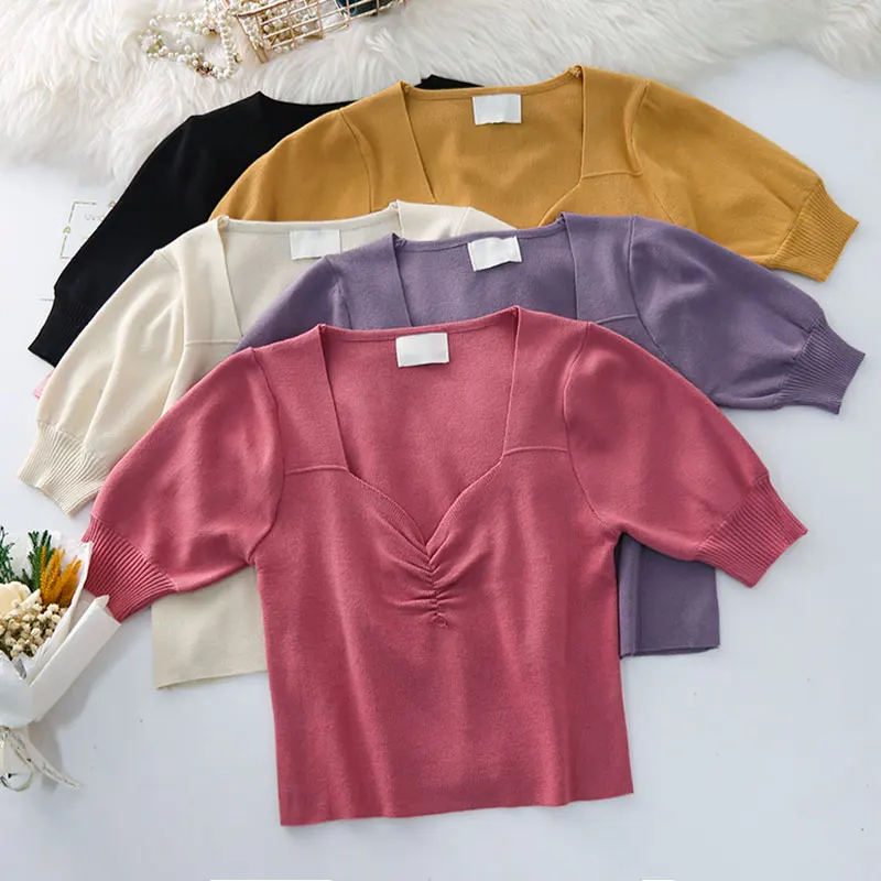 Women Off Shoulder Short Knit Top Sweater 2022 Button Up V Neck Sexy Casual Beach Female Camisole Cotton Embroidery Blouse Tops