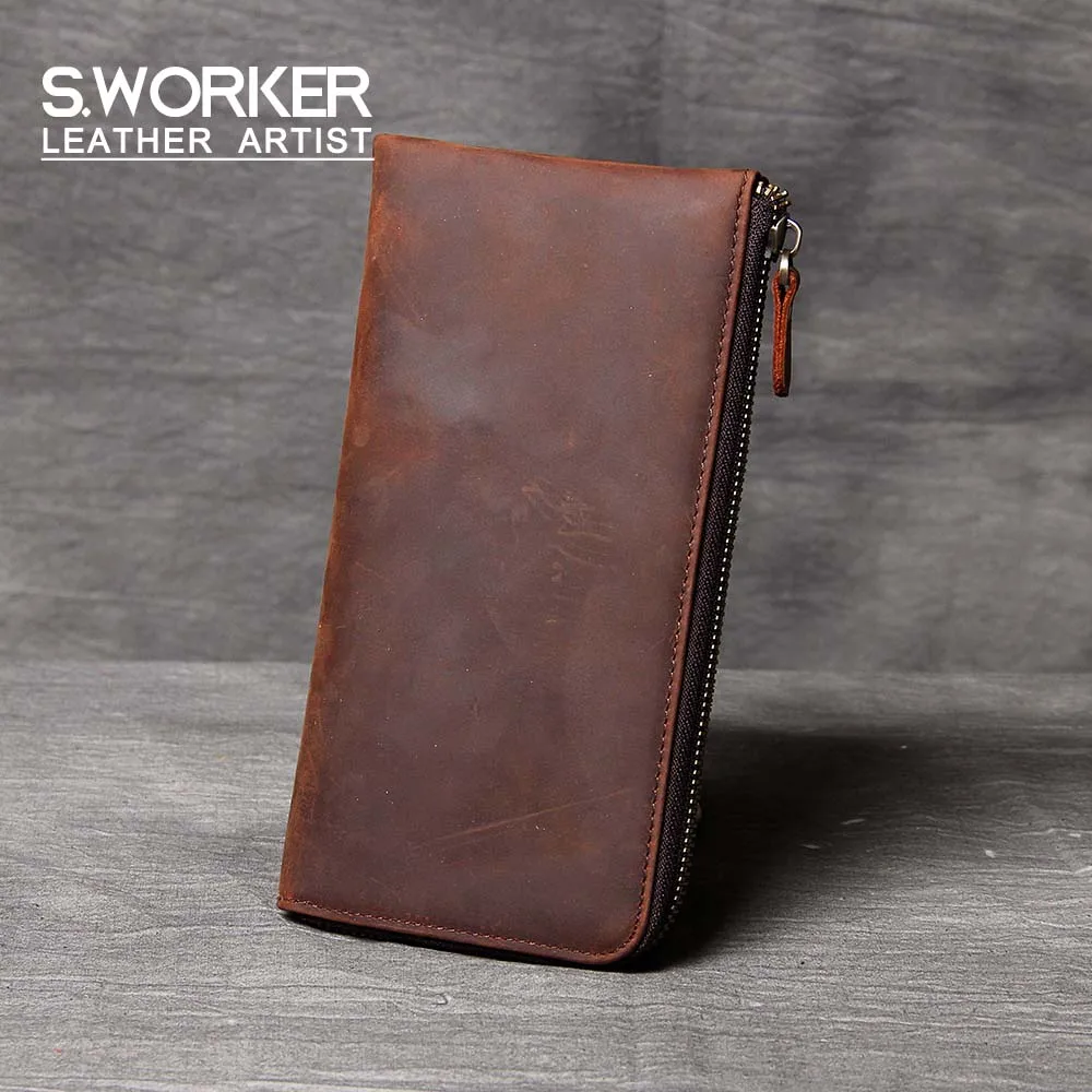 

S.WORKER Vintage Crazy horse Leather Wallet Handmade Men's Genuine Leather Long Wallet Pocket Purse Clutch Cash Card Holder