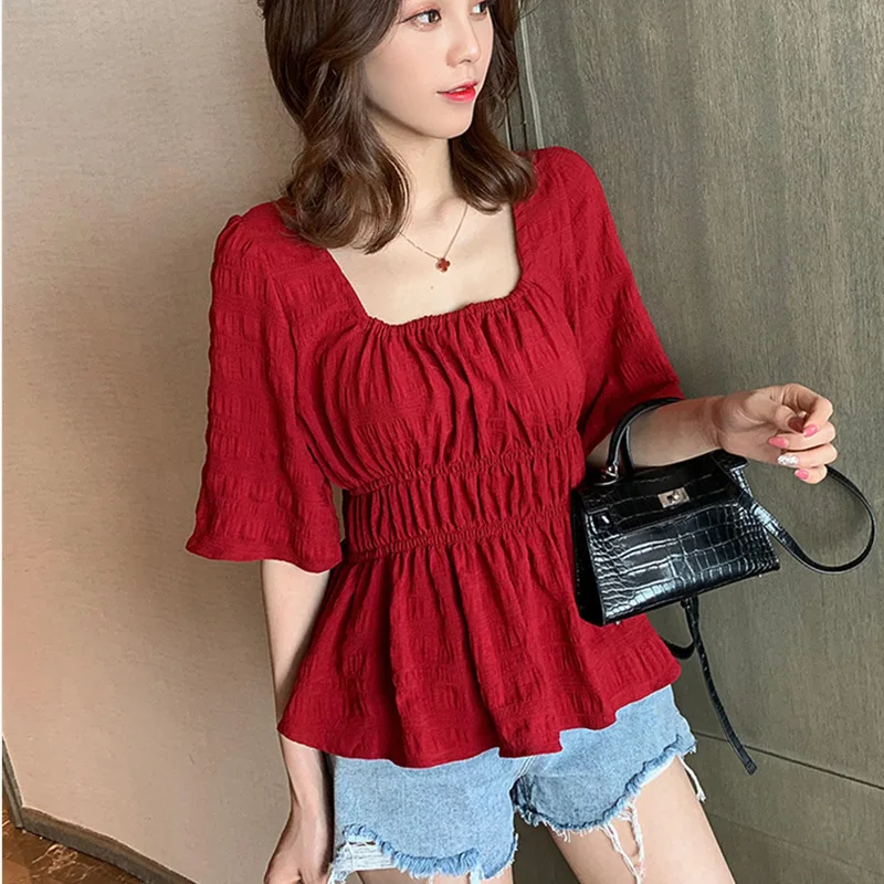 

Летний Новый Стиль, корейский плиссированный топ с коротким рукавом, одежда, Студенческая рубашка в западном стиле с поясом на талии