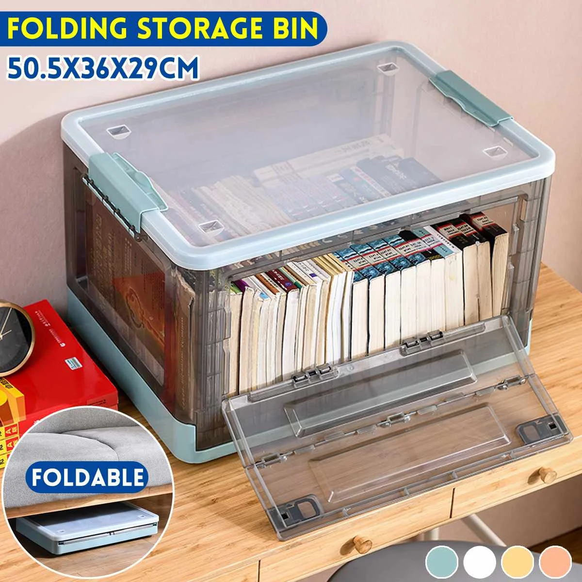 

New Foldable Book Storage Box Household Plastic Transparent Storage Box Book Finishing Box Storage With Cover & Wheeled