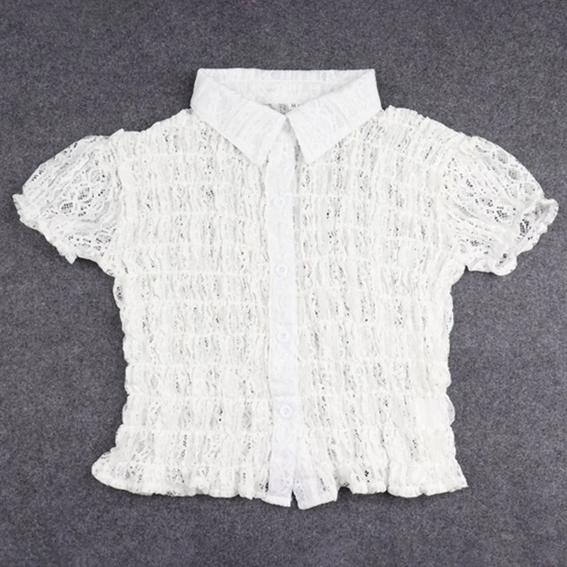 Женские летние кружевные Футболки поло воротник складные пузырьки с коротким