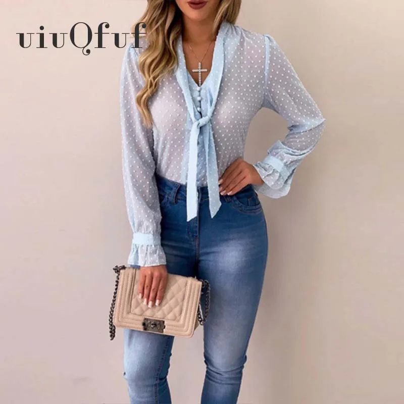 Женская шифоновая блузка с длинным рукавом V образным вырезом и