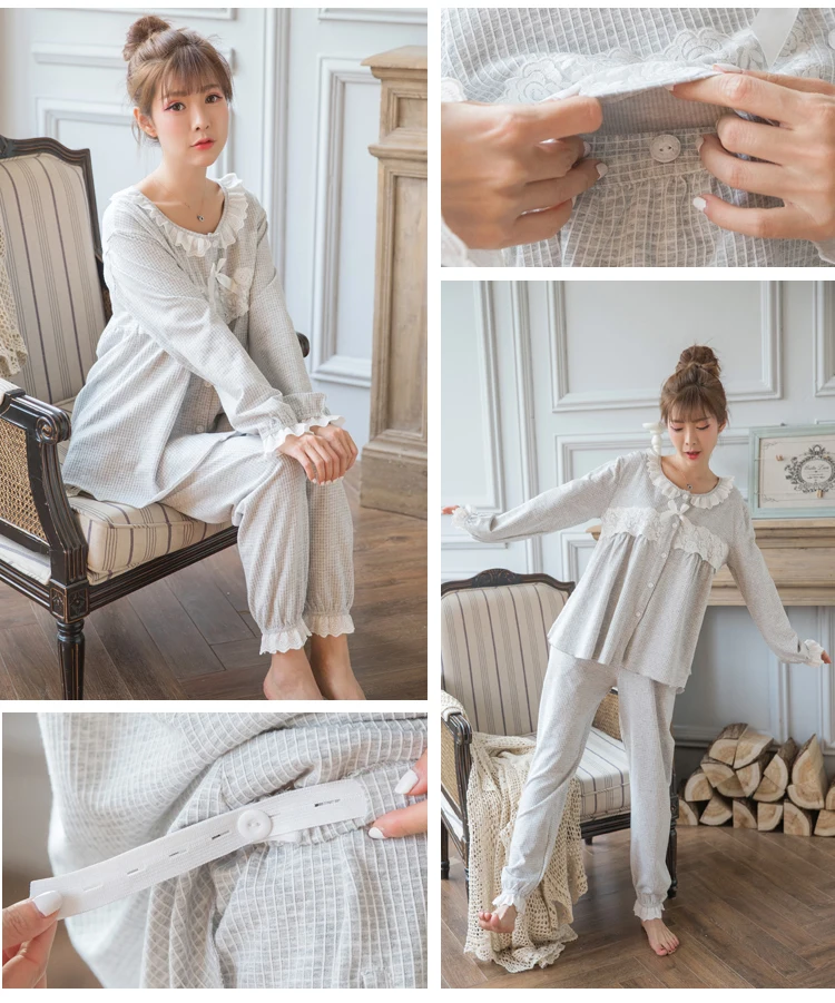 Весенний женский пижамный комплект милая Фланелевая Пижама для беременных уход