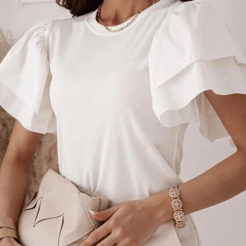 

2021 Blusa Summer Blouse Short Sleeve Women Shirt Pullover Lady Casual O Neck Shirt Fashion Layered Ruffle Tops Streetwear G2730