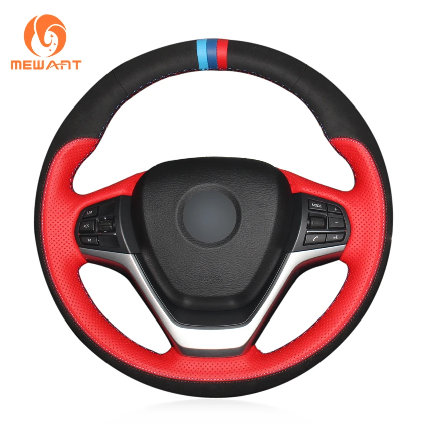 

Black Suede Red Leather Steering Wheel Covers for BMW X5 F15 2013 2014-2018 X6 F16 2015 2016 2017-2019