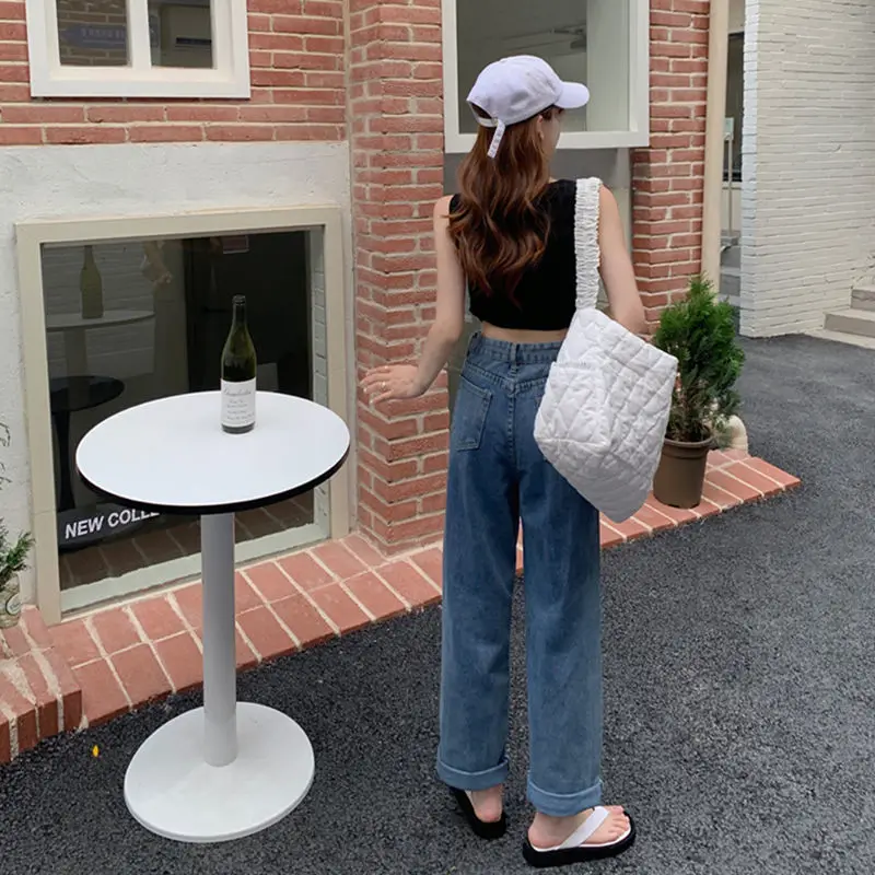 Джинсы женские свободные универсальные на молнии прямые синие стильные брюки из