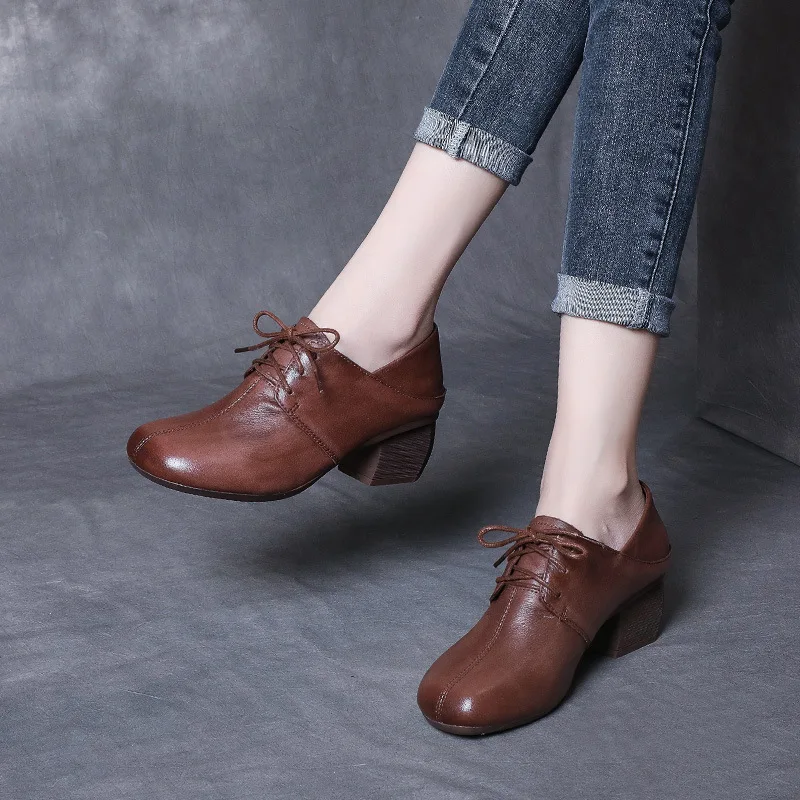 Туфли-лодочки женские кожаные в стиле Мэри Джейн высокий каблук коричневая обувь