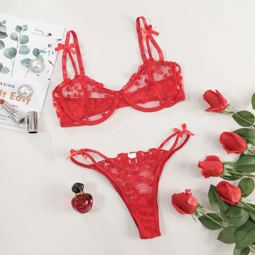 

2 pcs heart embrodiery lace bra set women transparent bra + panty lingerie set 2021 ladies sexy lace underwear
