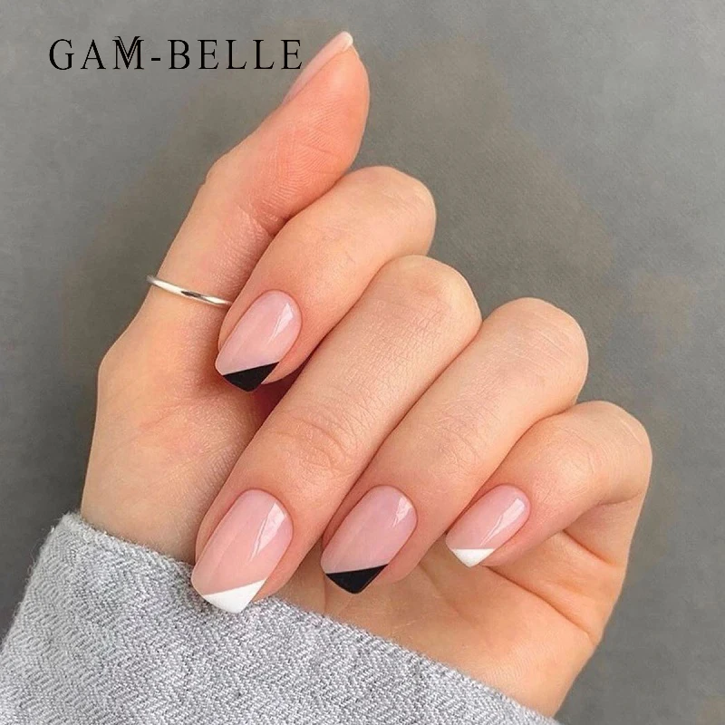 

GAM-BELLE 24 Pcs/Set French Fake Nails Natural Nude White Black False Nail Decor Full Cover Press On Nails Manicure Beauty Tools