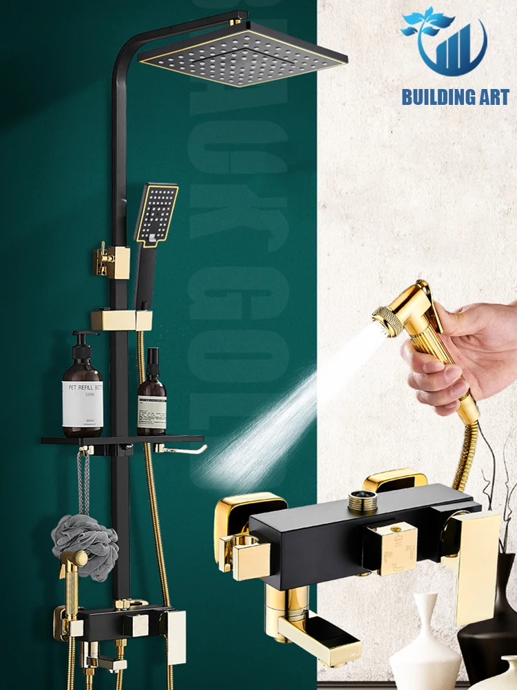 Черный/золотой хромированный дождевой Душ смеситель для раковины ванной комнаты