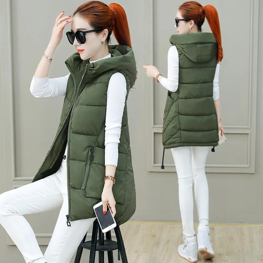 

New Winter Vest Women Casual Autumn Winter Sleeveless Waistcoat Hooded Long Warm Cotton Padded Top Vest Jacket