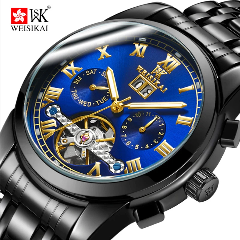 Masculino à Prova Banda de Aço Grande Volante Dwaterproof Água Relógio Mecânico Automático Luminoso Multi Função Calendário Esportivo