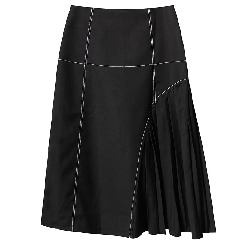 

Bright Irregular Spliced Line Pleated Black High Waist Half-body Skirt Women Fashion Tide New Spring Autumn 2021 1DD3701