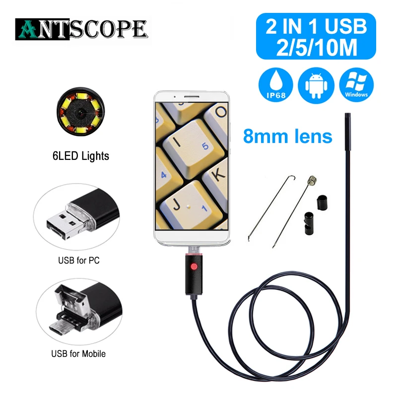 Antscope 5,5 мм/7 мм/8 мм эндоскоп камера Android эндоскопическая камера Черная 2 м 5 м 10 м Android PC Boroscope USB Инспекционная камера 19