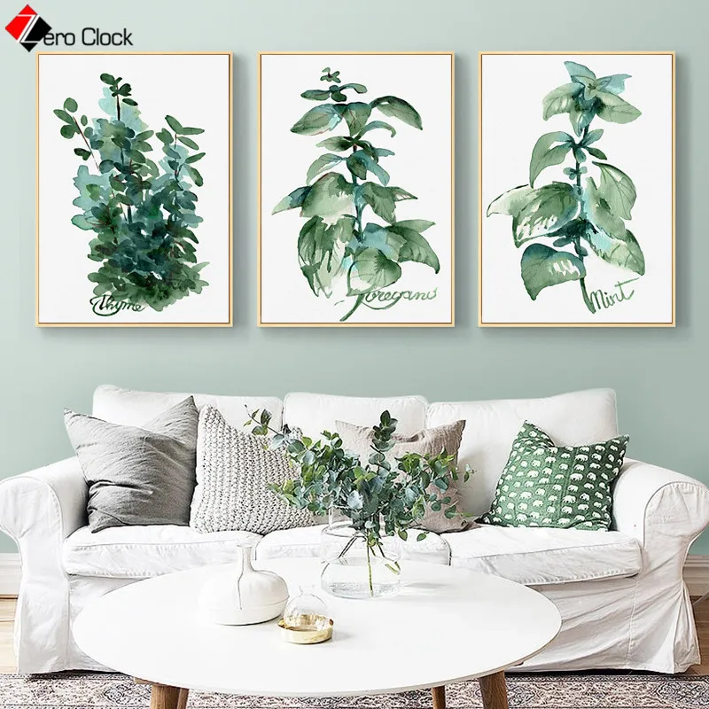 Акварельные растения холст живопись зеленые травы плакат растительные принты