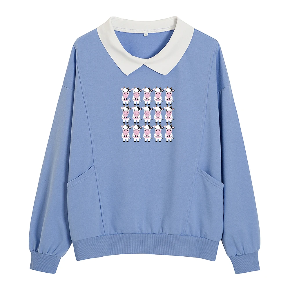 Pullover Tops Cute Turn-down Collar Sweetshirts Kawaii Hoodies Harajuku Cow Printed Women Autumn Full Sleeve Leisure Sweatshirts