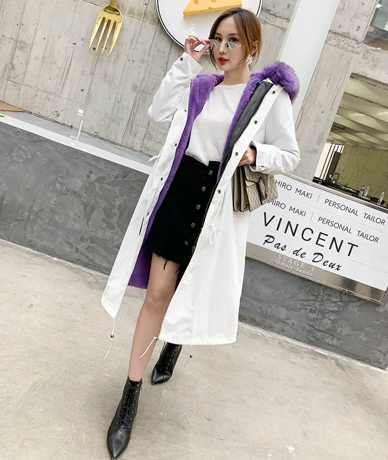 white with purple fu Новинка года; модное зимнее пальто с мехом для женщин и девочек парка с капюшоном из искусственного кроличьего меха утепленная верхняя одежда - Цвет: white with purple fu