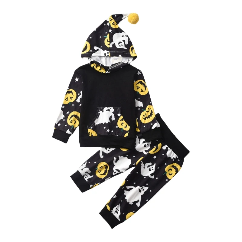 

Halloween Funny Print Hooded Sweater Trousers Two-piece Black 120 Yards