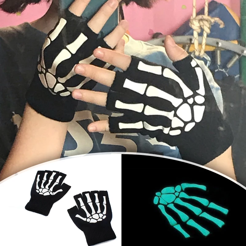 Guantes de ciclismo para deportes al aire libre, medio esqueleto, protecci&oacute;n suave, Punk, Unisex, Calavera, dedo que brilla en la oscuridad, mitones de punto de invierno-0
