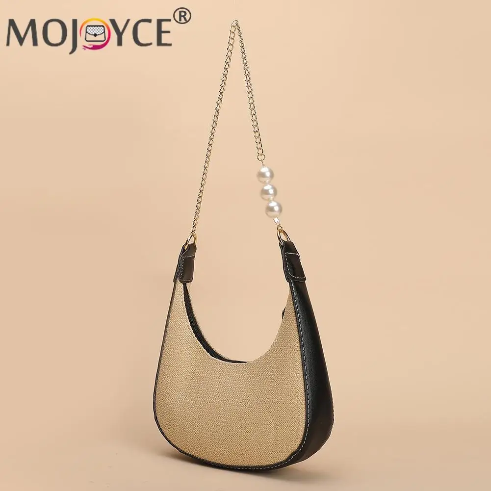 

Handmade Shoulder Bag Summer Casual Bags Women Vintage PU Leather Woven Patchwork Hobos Pearl Small Underarm Shoulder Bag