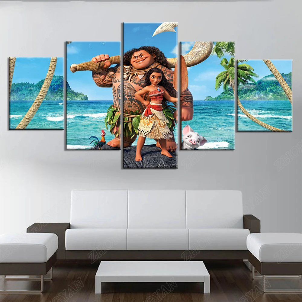 5-частная печать на холсте, картина "Моана", постер к фильму "Храбрая Моана", кадры стены с Мауи для украшения детской комнаты, искусство.