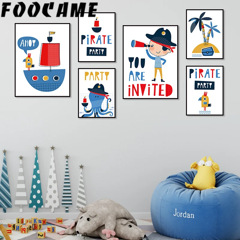 Мультфильм морской пират осьминог корабль Скандинавская Картина на холсте