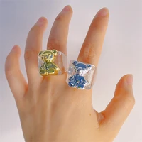 new cartoon cute sweet color bear transparent resin rings geometric acrylic square ring for women girls party jewelry gift