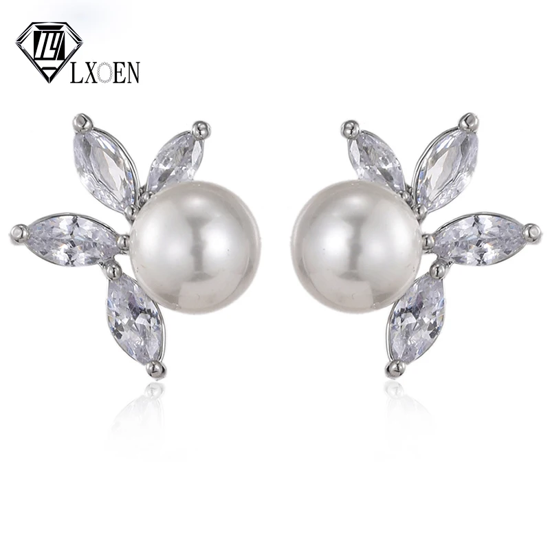 

LXOEN Exquisite Flower Pearl Stud Earings Zircon Bride Bridesmaid Wedding Party for Women Jewelry Gifts