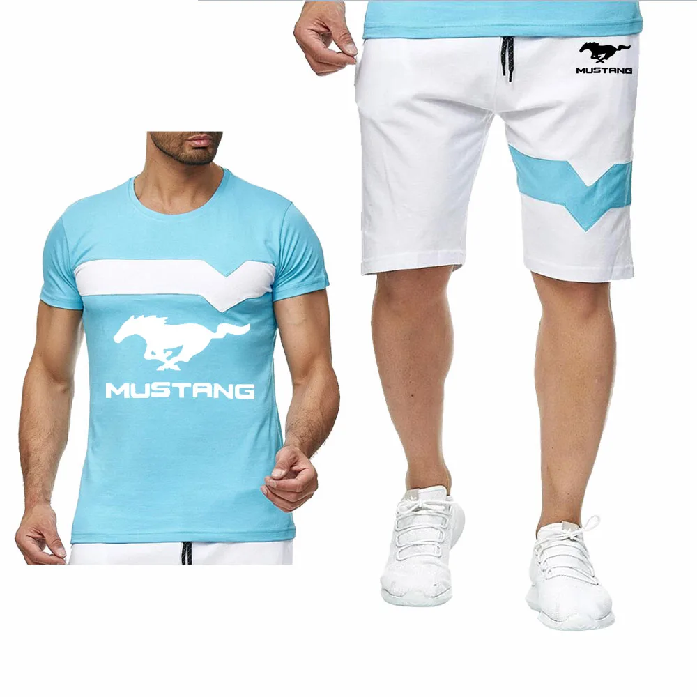 

Unisex Summer Mens Short sleeve Mustang car Logo printing Colorblock T-Shirt Cotton Men T-shirt+shorts suit 2pcs