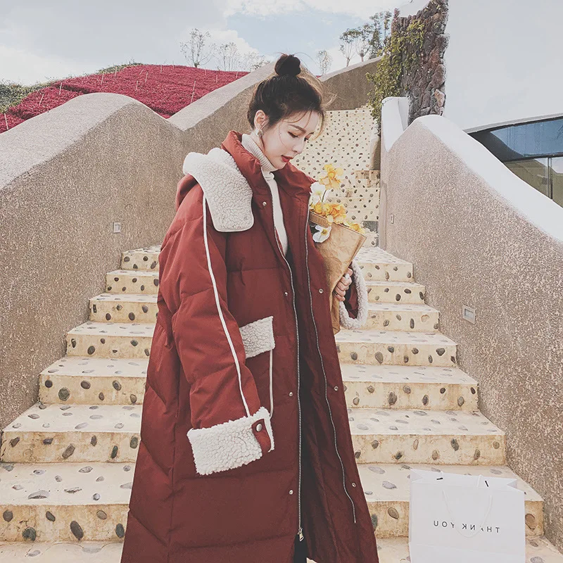 New Style Lamb Hair Stitching Down Padded Jacket Women's Mid-length Over-the-knee Quilted Jacket Winter Korean Style Loose Trend