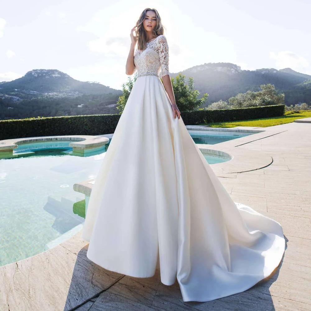 2020 атласное свадебное платье с рукавом 3/4 кружевное ТРАПЕЦИЕВИДНОЕ для невесты