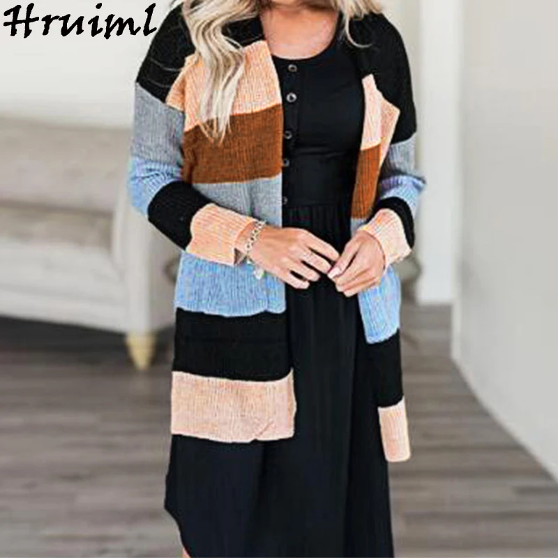 

Long Sweater Cardigan Women Patchwork Casual Autumn Winter Long Sleeve Loose Pocket Knitted Sweater Outerwear Coat Ropa Mujer