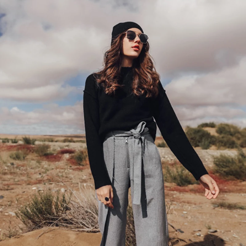 

MUICHES Half High Collar A-Straight Knitted Pullover Female Casual Long Sleeve Basic Solid Sweater For Women Home Colthing 2021