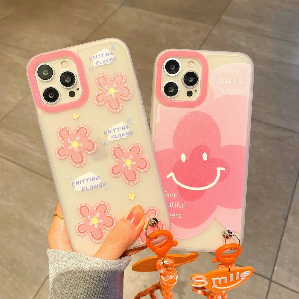 

New Luxury Brand Flower Phone Case for IPhone 11 12 Pro Max 7 8 Plus X XS XR Fashion Design Transparent Pink Flower Hand Strap