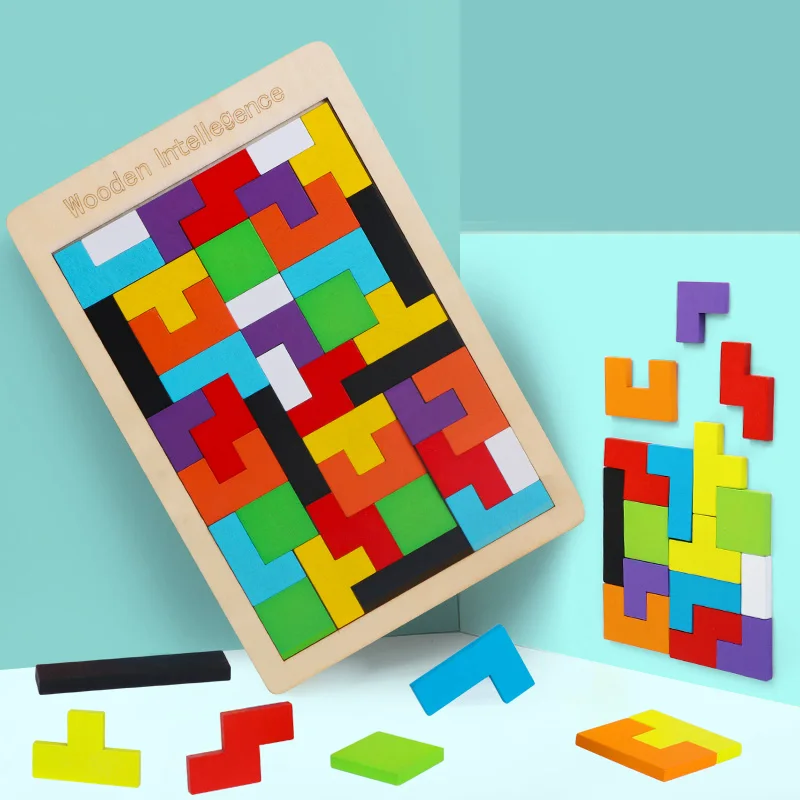 Детская деревянная игрушка пазлы Тетрис красочная головоломка танграмма