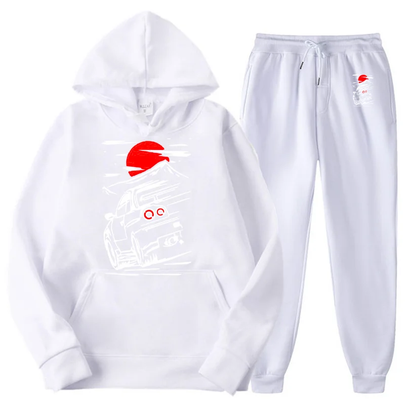 Solid Color Men Set Casual Men's Autumn Winter Fleece Japanese JDM Hoodies + Pants Two-Piece Tracksuit Trendy Sportswear | Мужская