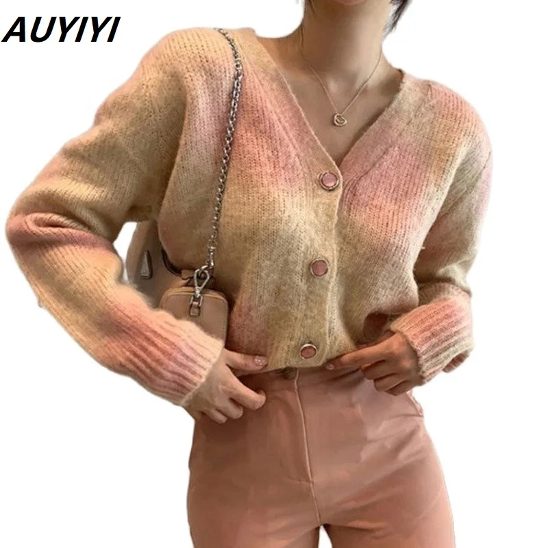 

AUYIYI 2021 Autumn And Winter Fashion New Style V-Neck Puff Sleeve Sweater Coat Smudge Mixed Color Single-Breasted Sweater