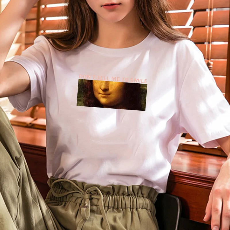 

Dont Tell Me To Smile Mona Lisa Graphic Tee Summer Fashion Casual Funny Kawaii Cute Art O Neck White Women T-Shirt