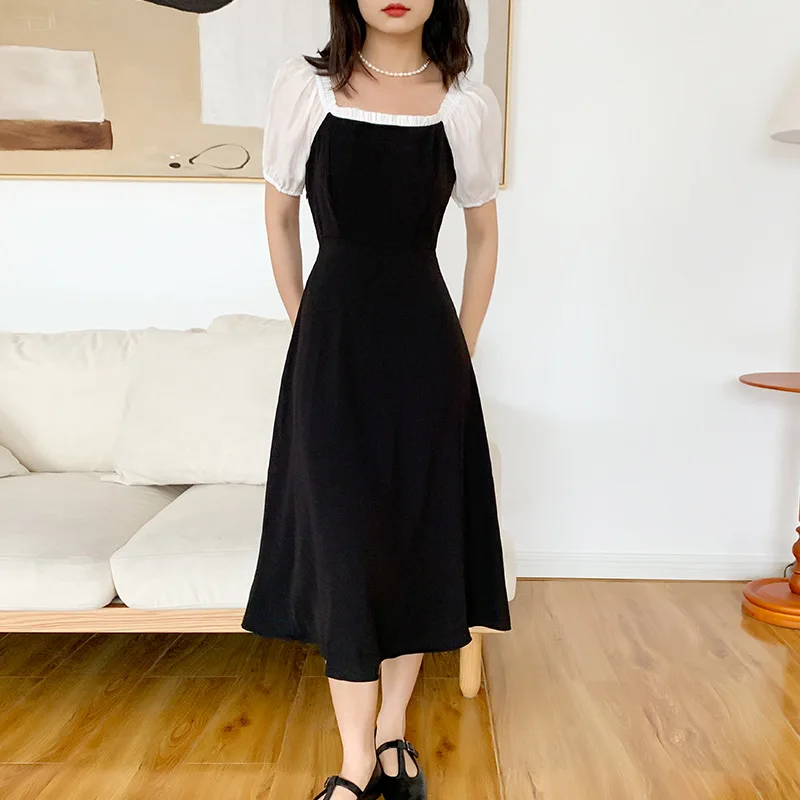 

Spring and summer new style 2021 French elegant temperament contrast color high waist slim fashion casual dress
