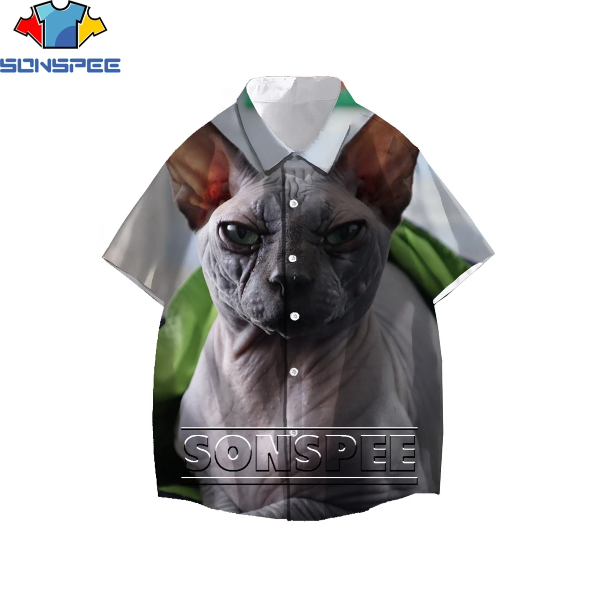 

SONSPEE Fashion Hairless Cat God of Destruction 3D Print Men's Shirt Summer Original Otaku Hawaiian Beach Buttons Oversize Top