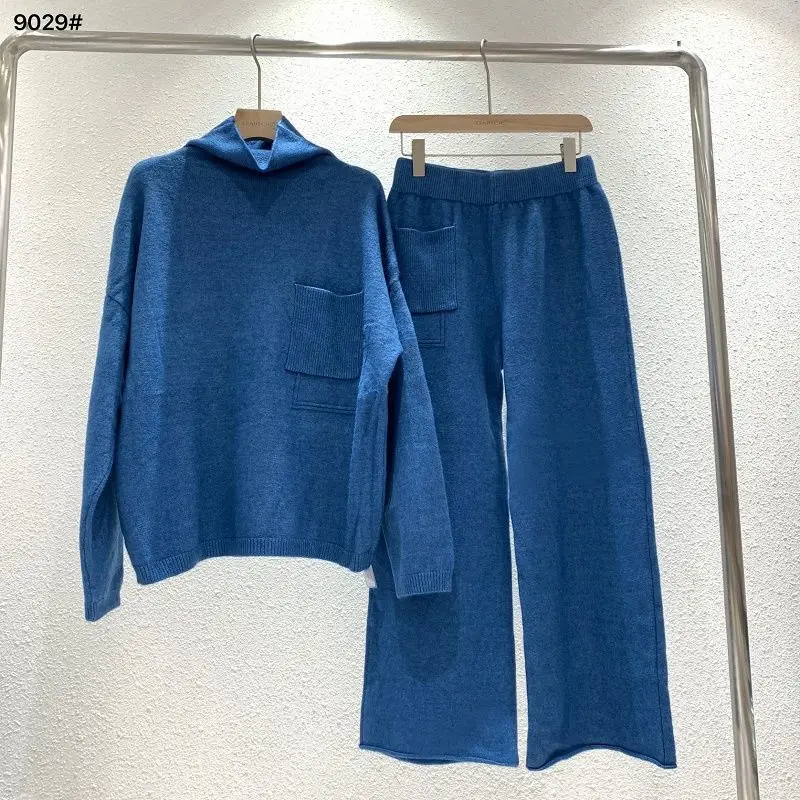 

Plus Size Tracksuit Sweater Set Women New Autumn / Winter 2020 Turtleneck Sweater Wide Leg Pants Female Solid Knit Two Piece Set