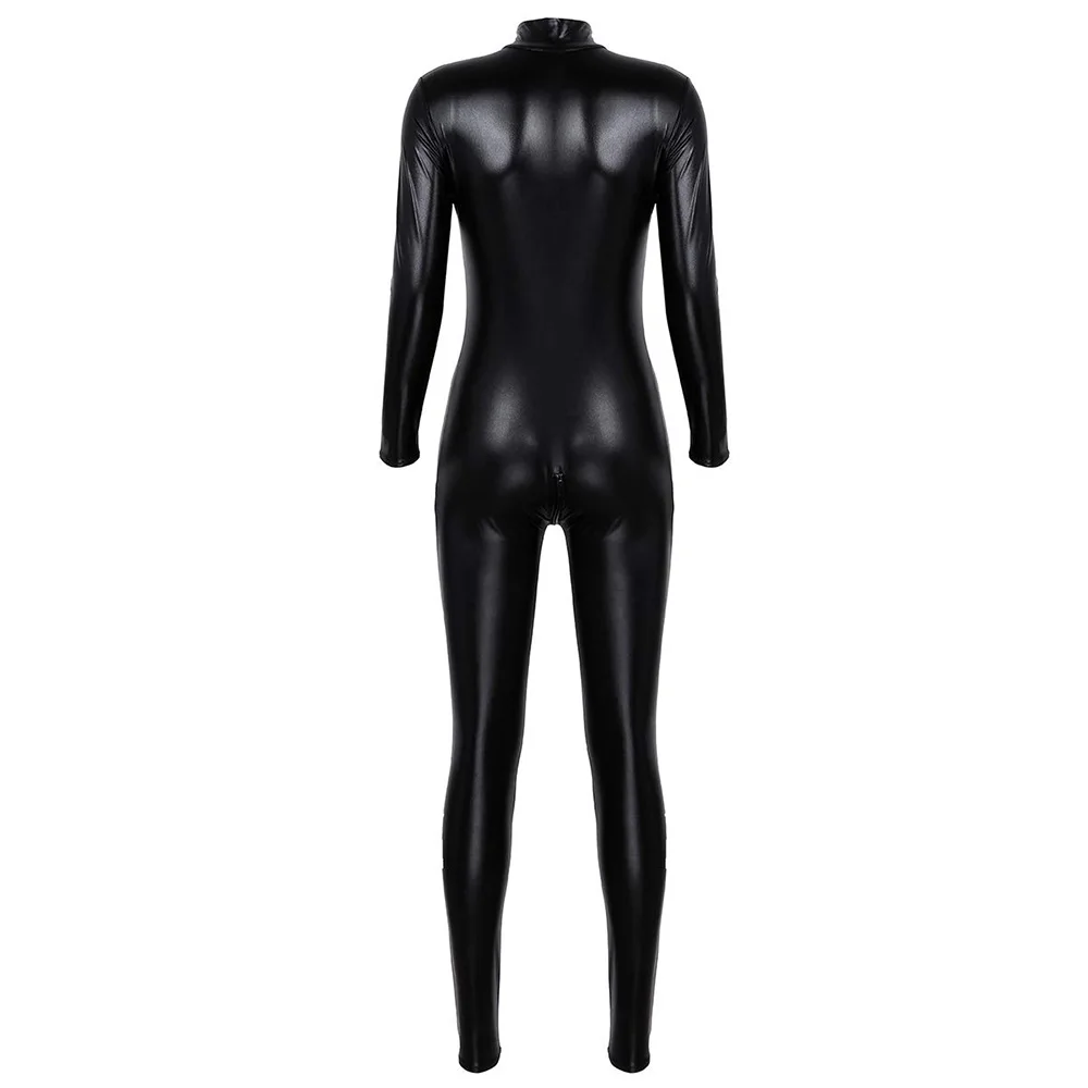 Черный латекс Комбинезон Wetlook комбинезон PU искусственная кожа для женщины Zentai
